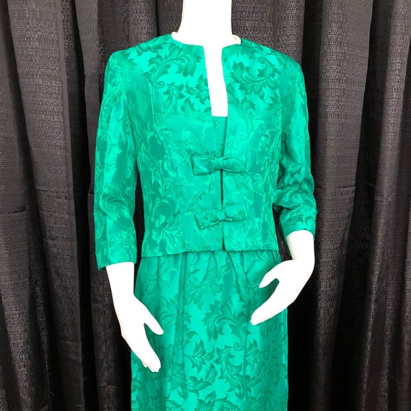 Elegant Formal 1950-60's Green Silk Evening Gown with Matching Jacket.