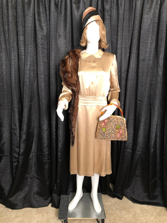 1930-1940's Style Vintage Golden Tan Dress With B… - image 2