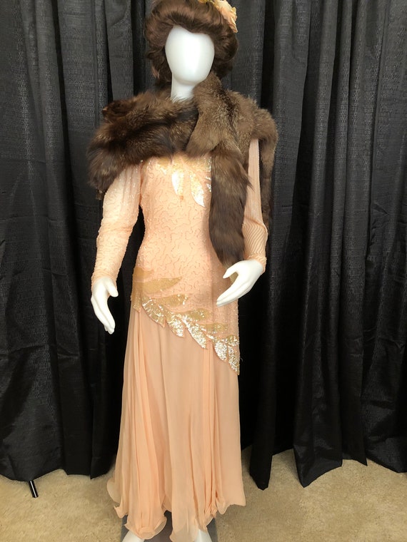 1940's Style Beaded & Sequined Peach Evening Gown.