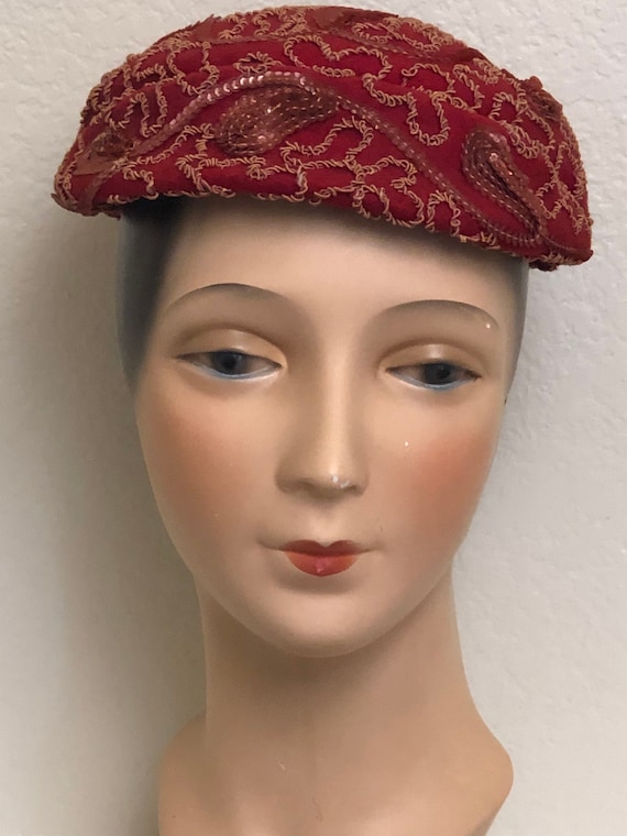 1950's Red Felt Hat With Sequins and Braid - image 1