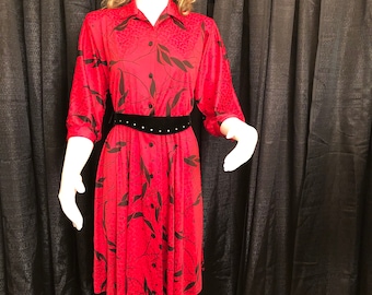 Vintage Red Dress With Black Leaf Design