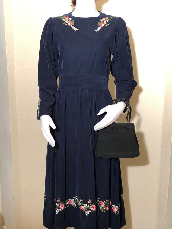 Vintage Navy Corduroy Dress With Pink Embroidered Roses