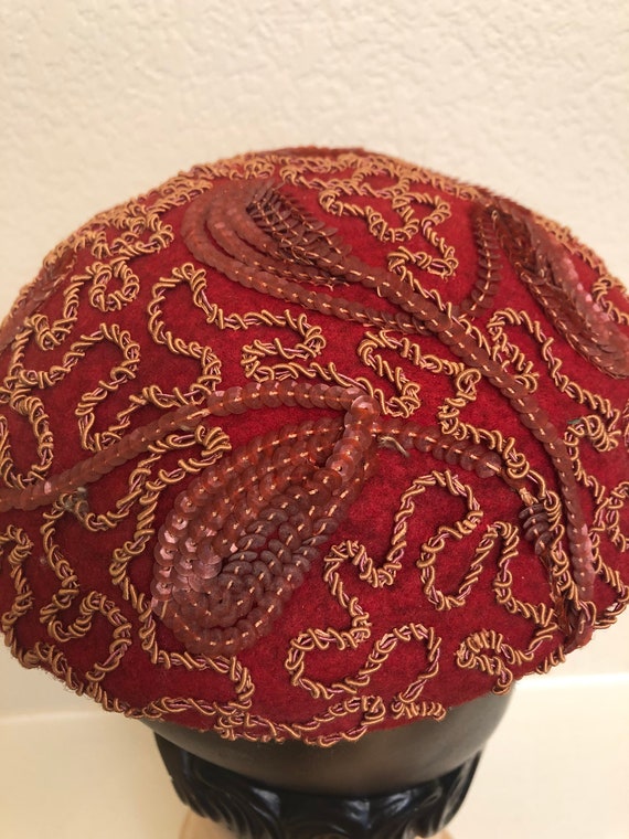 1950's Red Felt Hat With Sequins and Braid - image 4