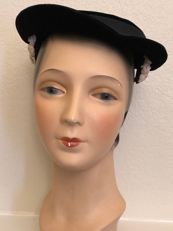 1930 to 1940's Black Velvet Hat With Tiny White Ro