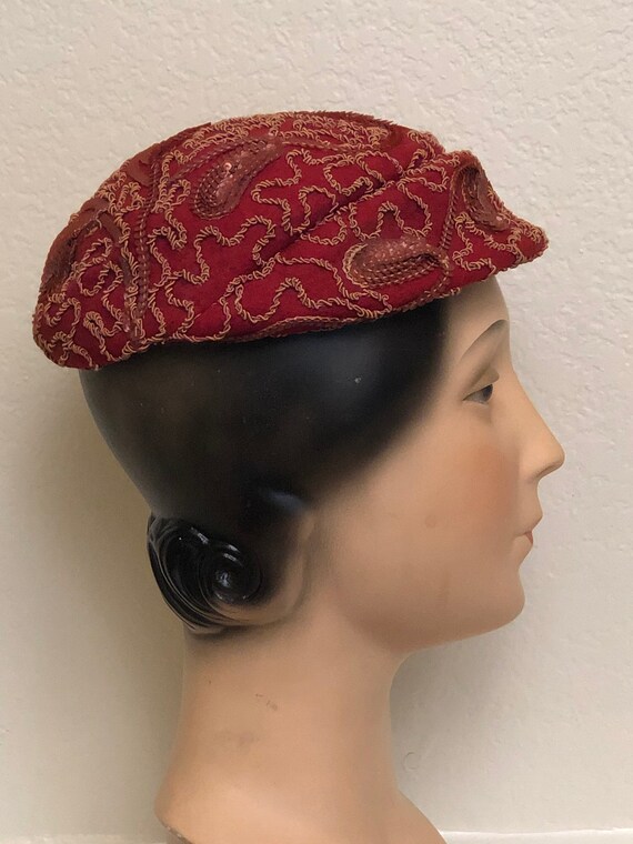 1950's Red Felt Hat With Sequins and Braid - image 3