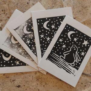 Carte de voeux imprimée lino « Lapin de nuit »