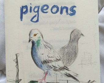 May include: A hand-drawn illustration of two pigeons perched on a green ledge. The pigeons are depicted in shades of blue, grey, and white. The title "pigeons" is written in blue ink at the top of the page. The artist's signature "by Lef" is written in black ink at the bottom of the page.