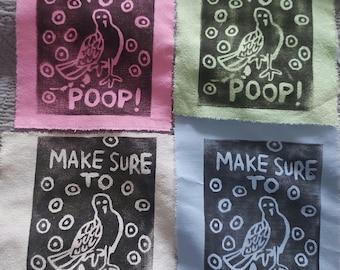 Make Sure To Poop -pigeon lino print on fabric