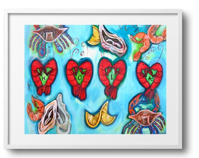 Crawfish Love Nola: Boil Edition, Fine Art Print on Canvas, Paper, or Matted Print, Seafood Theme Art, Kitchen Wall Art, Bright Colors