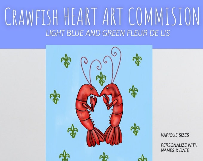 Blue Green Crawfish Heart, Fleur De Lis Accent, Customizable Gift r Wall Art, Various Sizes on Canvas, Great Wedding, House Welcoming Gift