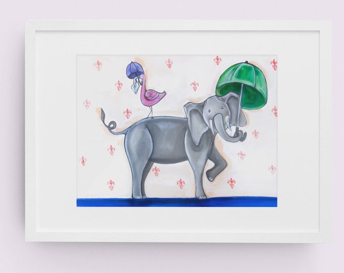 Flamingo & Elephant Second Line | Premium Matte Print | Various Sizes | Children Art | Nursery Wall Decor | Reproduction | Unframed