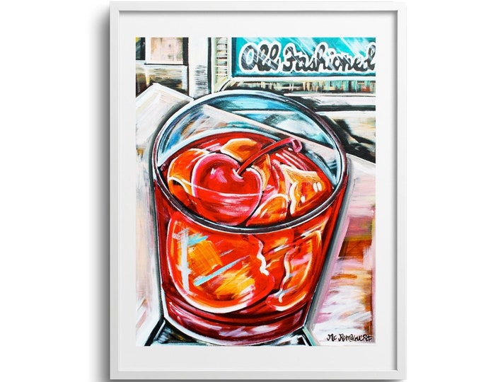 Old Fashioned, Cocktail Inspired Fine Wall Art on Paper, Canvas, and Matted Print, Various Sizes, Bright Colors, Great Bar Decor