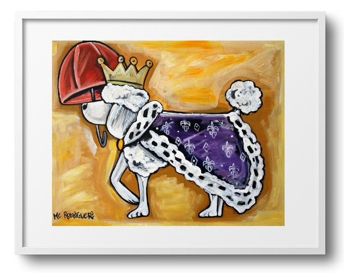 Napoleon The Poodle King, Puppy Royalty Whimsical Art, Yellow and Purple Wall Decor on Paper, Canvas, or Matted, Sizes Vary