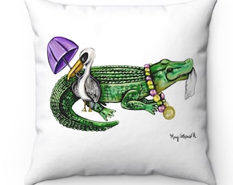 Parading Pelican and Alligator Watercolor Design Accent Throw Pillow | Parading Animal Nursery Art | Spun Polyester Square Pillow