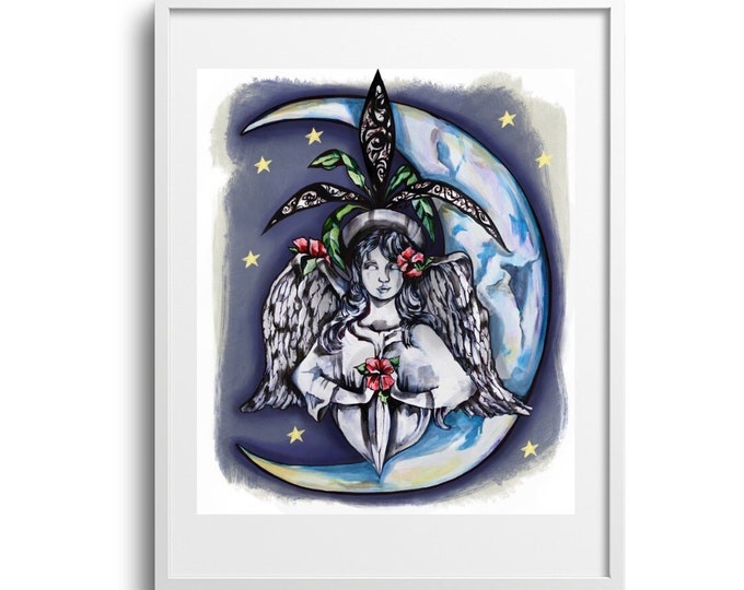 Guardian, Serene Angel Praying with Crescent Moon and Starry Night Sky, Religious Faith Theme, Printed on Paper, Canvas, Matte, Sizes Vary