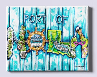 Port of Nola |  Canvas Gallery Wraps | New Orleans Trade and Culture Inspired Wall Art Decor | Various Sizes | Blue and White Acrylic Art