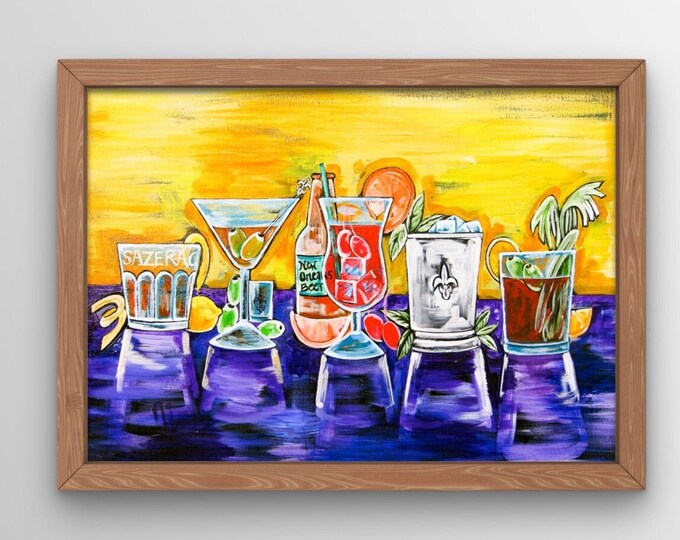 Cocktail Hour Fine Art Print, Blood Mary, Sazerac, Beer, Sazerac, Hurricane, Martini Decor, Yellow & Purple Cocktail  WallArt, Various Sizes