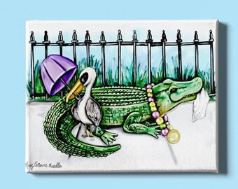 Parading Alligator & Pelican | Canvas Gallery Wraps | Watercolor Nursery Wall Art Decor | Various Sizes
