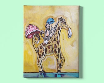 Monkey & Giraffe On Parade | Children's - Nursery Art | Home Decor | Canvas Gallery Wrap | Wall Art | Reproduction