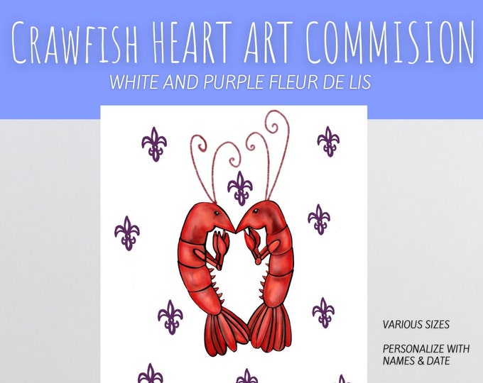 White Purple Crawfish Heart, Fleur De Lis Accent, Customizable Gift r Wall Art, Various Sizes on Canvas, Great Wedding, House Welcoming Gift