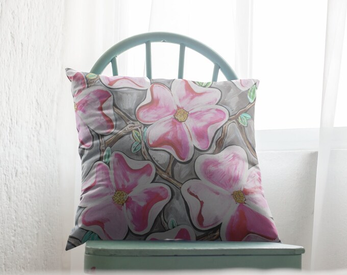 Dogwood In Bloom, Floral Pink & Gray Pillow Throw Decor, Spun Polyester Square Pillow, Removable Cover and Pillow Included,