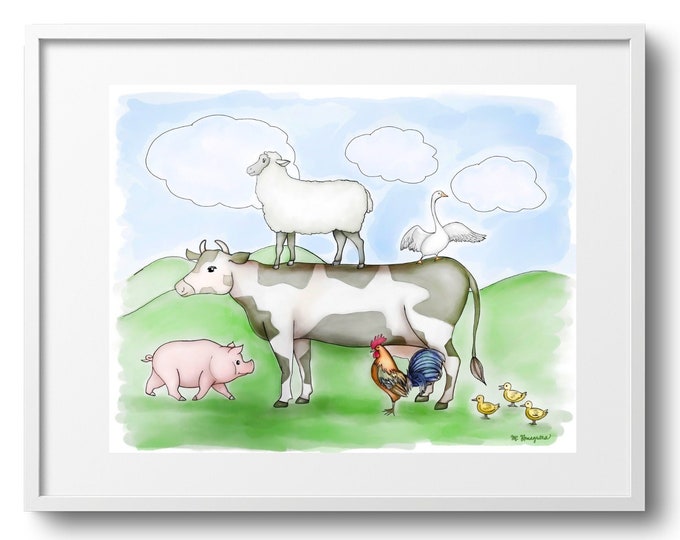 Farm Friends Delight - Whimsical Watercolor Illustration for Baby Room or Kids Area on Paper, Canvas, or Matted Print, Sizes Vary
