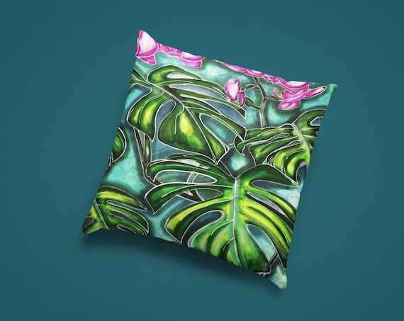 Blue Orchid Watercolor Design Accent Throw Pillow | Spun Polyester Square Pillow | Cover and Pillow Included