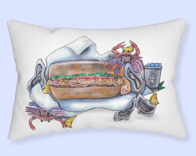 Oyster PoBoy, Lumbar Support Pillow, Fish Accent Pillow,  20" x 14" Size, Customizable Upon Request, Great Gift For Dad