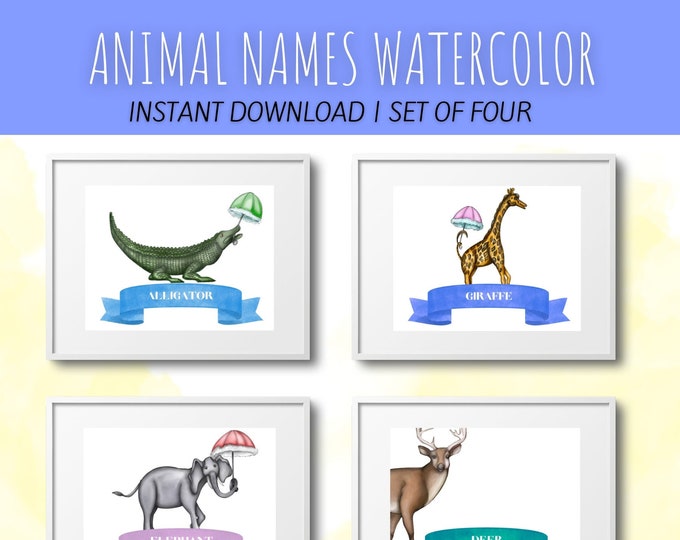 Whimsical Animal Watercolor Illustrations with Names - Instant Download and Print