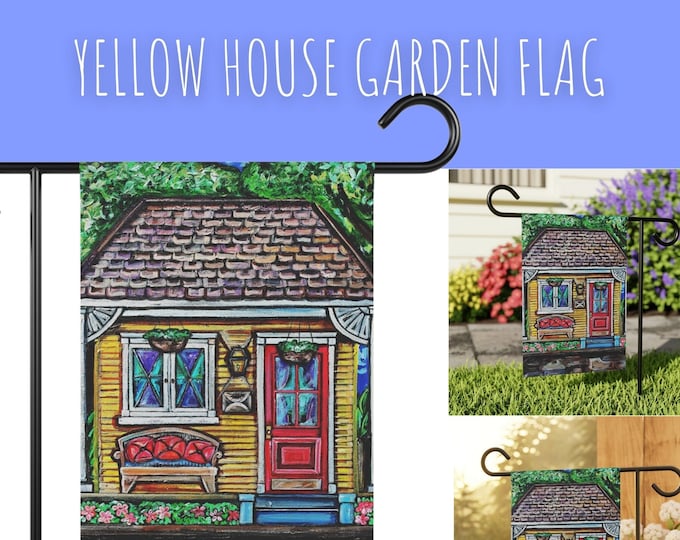 Personalized Yellow House Garden Banner - Durable Poly Poplin-Canvas Fabric - Multiple Sizes, Pole Not Included