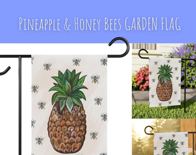 Pineapple and Honey Bees Garden Flag - Durable Poly Poplin-Canvas Fabric - Multiple Sizes, Pole Not Included