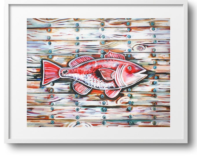 Redfish On The Plank, Fine Art Print, Coastal Art on Paper, Canvas, or Matted Print, Various Sizes, Bright Color Fish Art