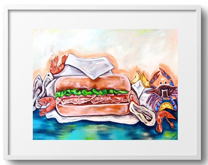 Oyster Po-Boy, Seafood Wall Art, Printed on Canvas, Paper, or Matted Fine Art Print, Various Sizes, Fun Colorful Louisiana Inspired Decor