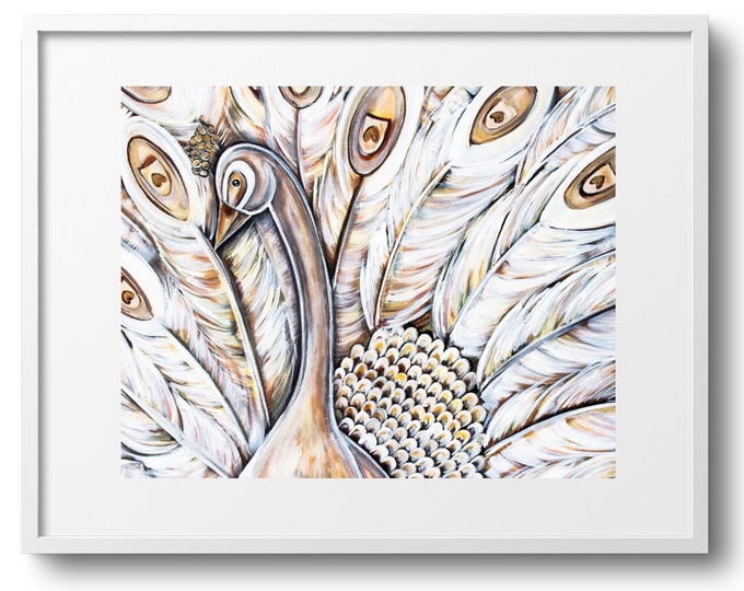 Blanche, Gold White and Cream Peacock Wall Art, Living Room, Bedroom, or Bathroom Decor, Fine Art Print on Canvas, Paper, or Matte