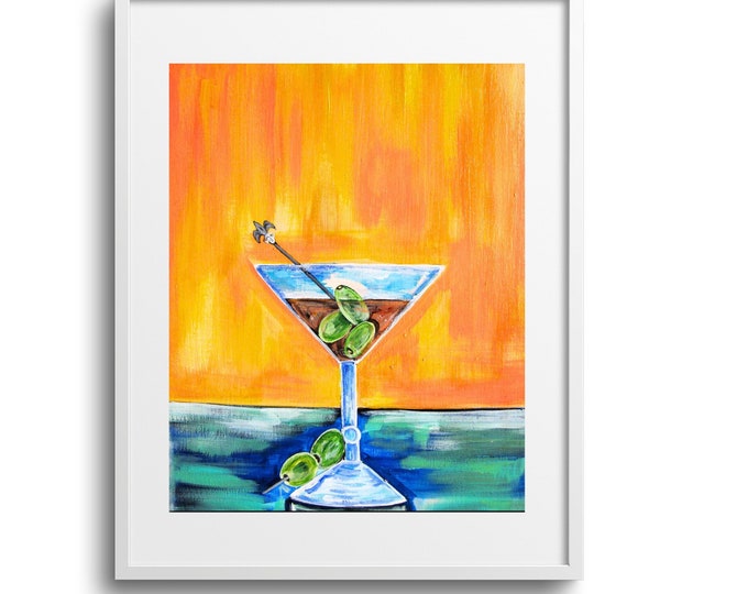 Martini Cocktail Art, Printed on Paper, Canvas, or Matte Print, Various Sizes, Great Cocktail Wall Art, of Cocktail Lover Gift, Bright Color