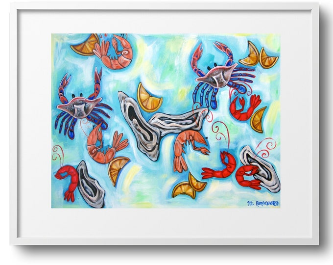 See Food Horizontal Art Print, Featuring Oysters, Crawfish, Shrimp, Crabs in Boil, New Orleans Cajun Foodie Art, Various Sizes, Reproduction