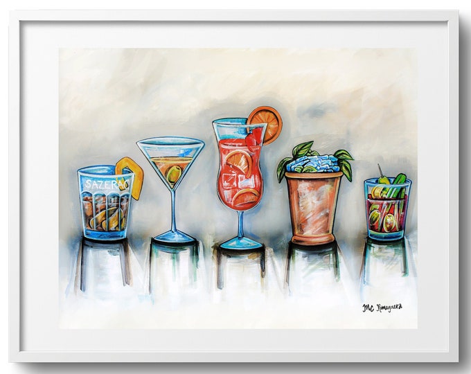 Another Cocktail Fine Art Print or Canvas, Sazerac, Martini, Hurricane, Mint Julep, & Blood Mary Wall Art Decor, Various Sizes, Great Gift