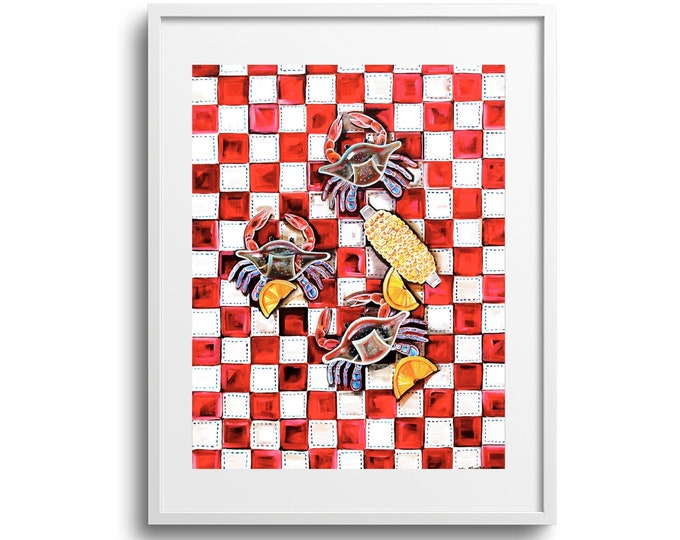 Crab Boil, Louisiana Blue Crab Fine Art Print, Various Sizes, Printed on Paper, Canvas, and Matter Print, Red Checkered Table Cloth