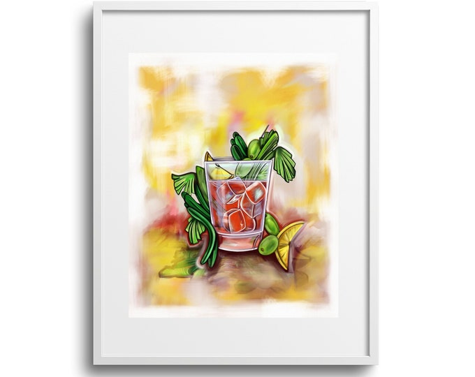 Bloody Mary Twist, Fine Wall Art on Paper, Canvas, or Matted Print, Cocktail Inspired Art, Fun Bright Colors, Various Sizes