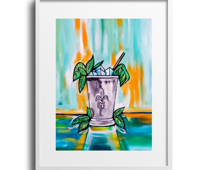 Unique Mint Julep Cocktail Art Print by MC Romaguera - Green Colors, Various Sizes Printed on Canvas or Fine Art Paper, Stock the Bar Decor