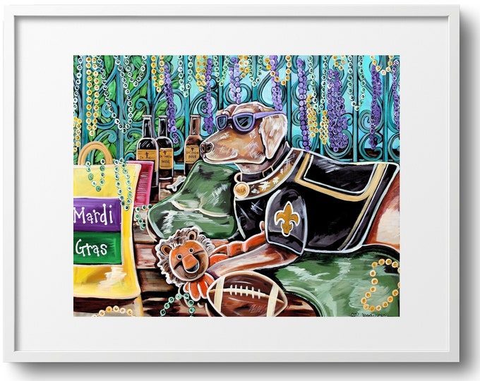 Dat Dog, Mardi Gras Theme, Golden Retriever in Saints Jersey, Fine Art Print on Paper, Canvas, Or Matted Print, Sizes Vary, Bright Colors