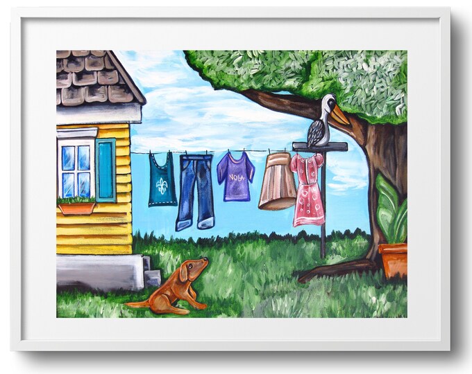 Nola's Clothing Line, Fine Art Print on Paper, Canvas, or Matted, Laundry Room Wall Decor, Laundry Room Wall Art, Hanging Clothes Line Decor