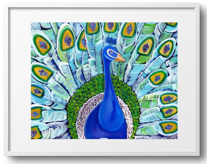 Flaunting, Peacock Wall Art with Fleur De Lis Accents, Vibrant Colors, Bedroom, or Bathroom Decor, Fine Art Print on Canvas, Paper, or Matte