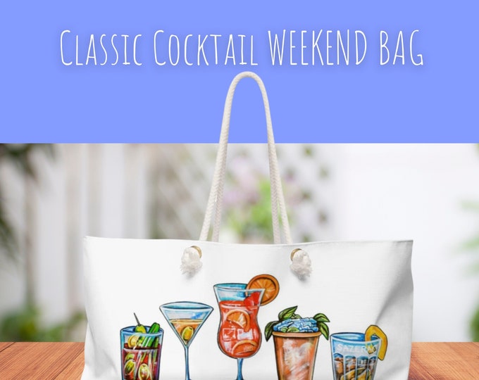 Classic Cocktails, Sazerac, Martini, Hurricane, Mint Julep, Blood Mary Weekender Bag, Great Travel Bag or