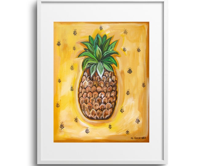 Southern Pineapple, Acrylic Reproduction on Canvas or Paper, Various Sizes, Yellow Pineapple Wall Art with Honey Bees,  Fun Kitchen Art