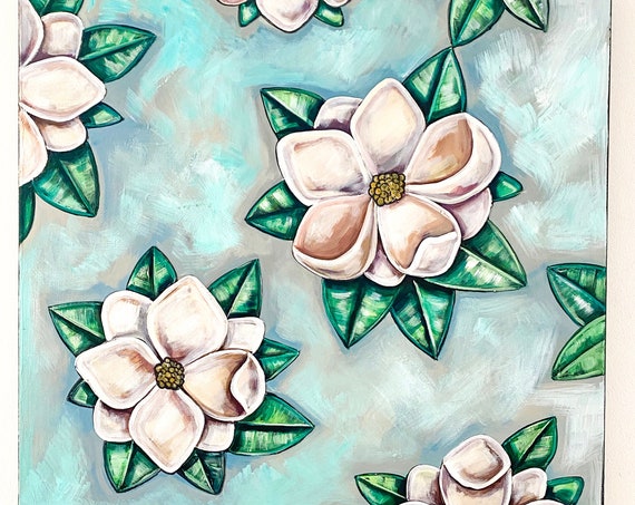 Magnolia on Blue Original Acrylic Painting | Large Wall Art Decor | Southern Floral Decor | Square Canvas