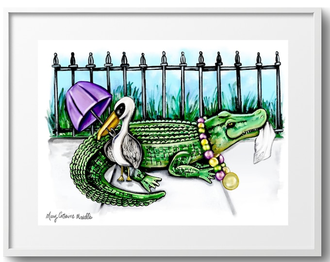 Parading Alligator & Pelican, Mardi Gras Theme, Canvas, Paper, or Matted Print, Watercolor Whimsical Wall Art Decor| Various Sizes