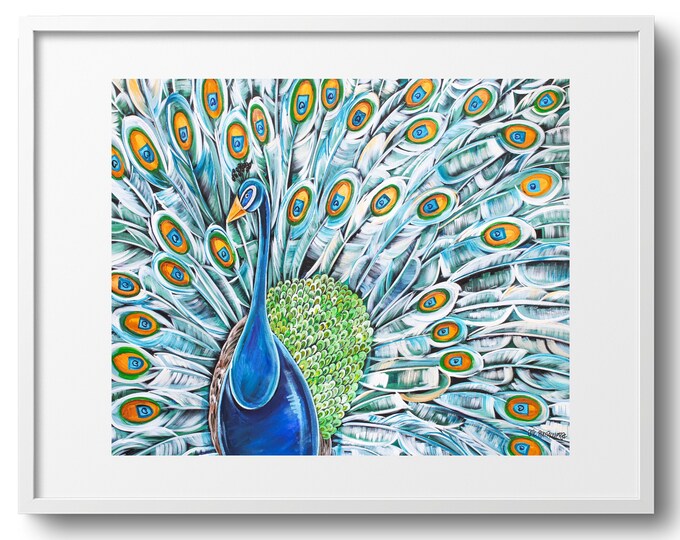 Regal Plumes, Peacock Wall Art, Vibrant Colors, Bedroom, or Bathroom Decor, Fine Art Print on Canvas, Paper, Frame, or Matte, Sizes Vary