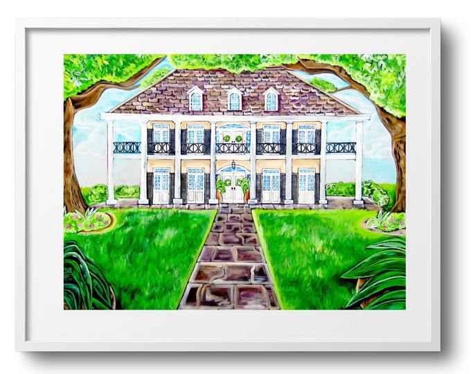 Oak Alley Plantation, Louisiana Architecture, Historic Home Fine Art Print on Paper, Canvas, Matte Wall Decor,Sizes Vary, Folk Art Style