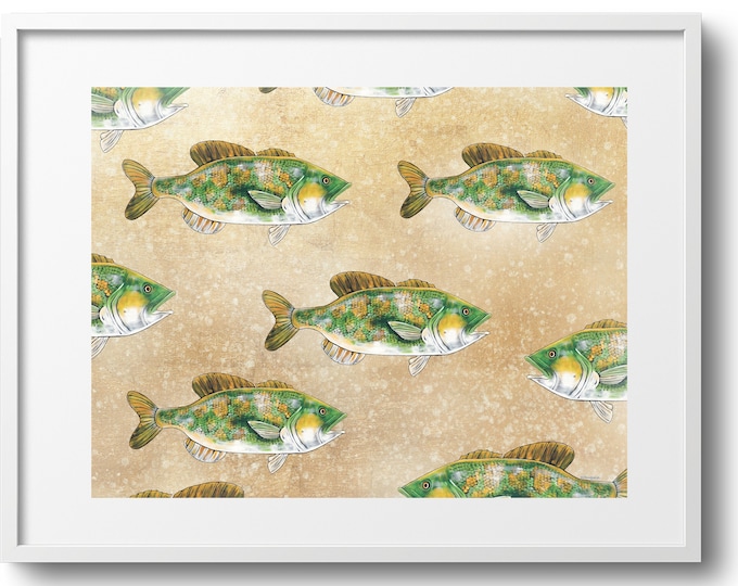 Bass Below on Gold, Gold Leaf Nautical Fish Fine Art Decor on Paper, Canvas, or Matted Print, Various Sizes, Bright Colors, Gift For Dad
